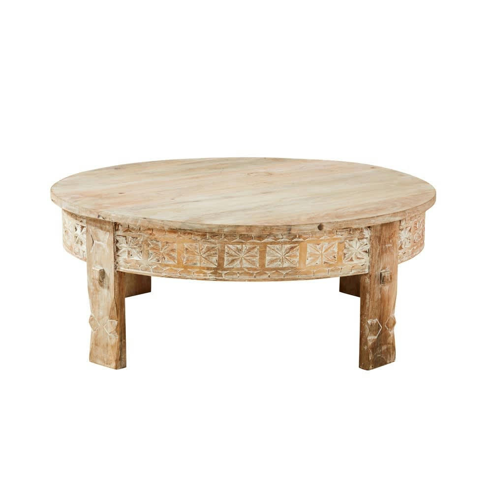 Manilal - Table basse ronde en manguier massif sculpté