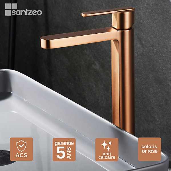 Mitigeur de Lavabo Anti-Calcaire Bec Haut Or Rose Cuivré IMEX ROMA BDR001-3ORC