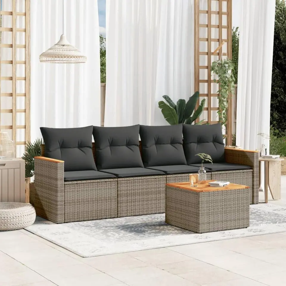 vidaXL 5-delige Loungeset met kussens en hout salontafel - Poly Rattan - Grijs