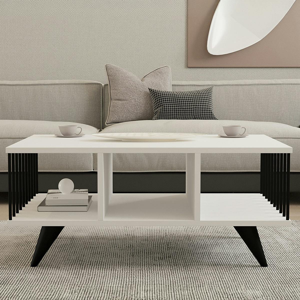Table basse moderne noire & blanche, rangements ouverts UMEA