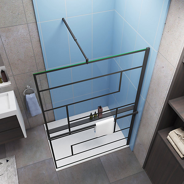 Paroi de douche fixe noir 140x200 cm verre 8mm anticalcaire style moderne avec étagère alu 140 cm et barre fixation 70-120 cm