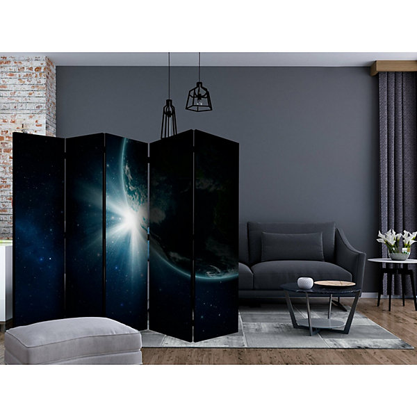 Paravent Terre 5 Volets - Décoration Cosmique pour Intérieurs 225 x 172 cm Blanc et Bleu