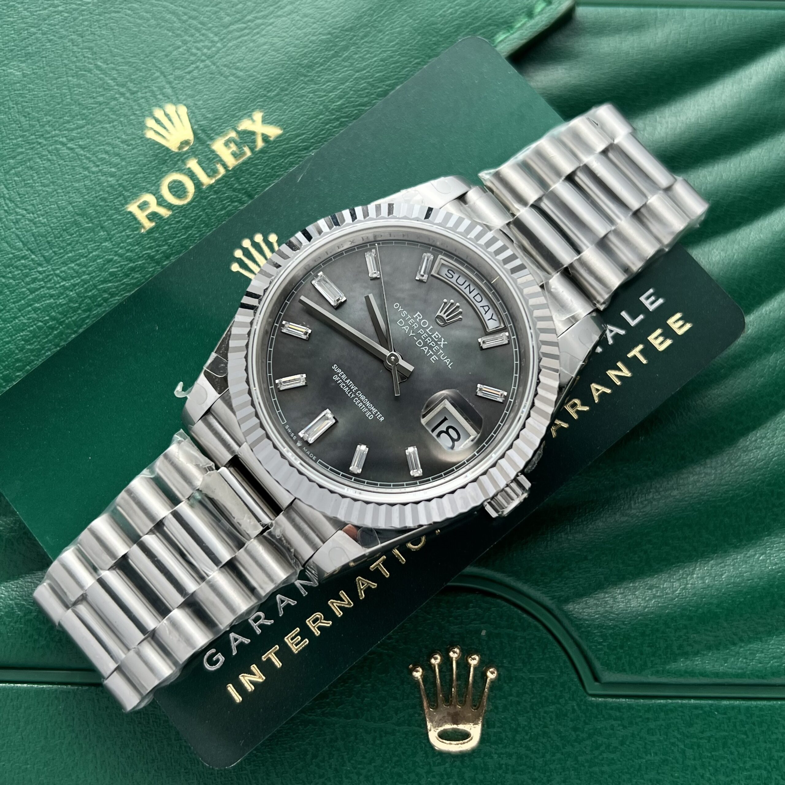 Rolex Day-Date 316L Steel Dark MOP Dial CZ Diamonds 40mm AAA Replica