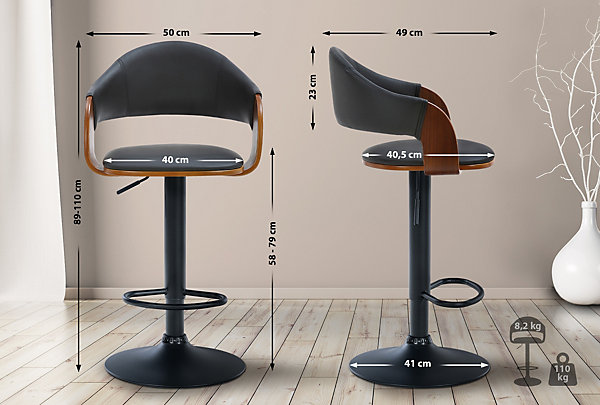 Lot de 2 tabourets de bar Nilse similicuir, chaise de bar avec coque en bois, structure réglable Métalnoirmat/Noyer/Noir