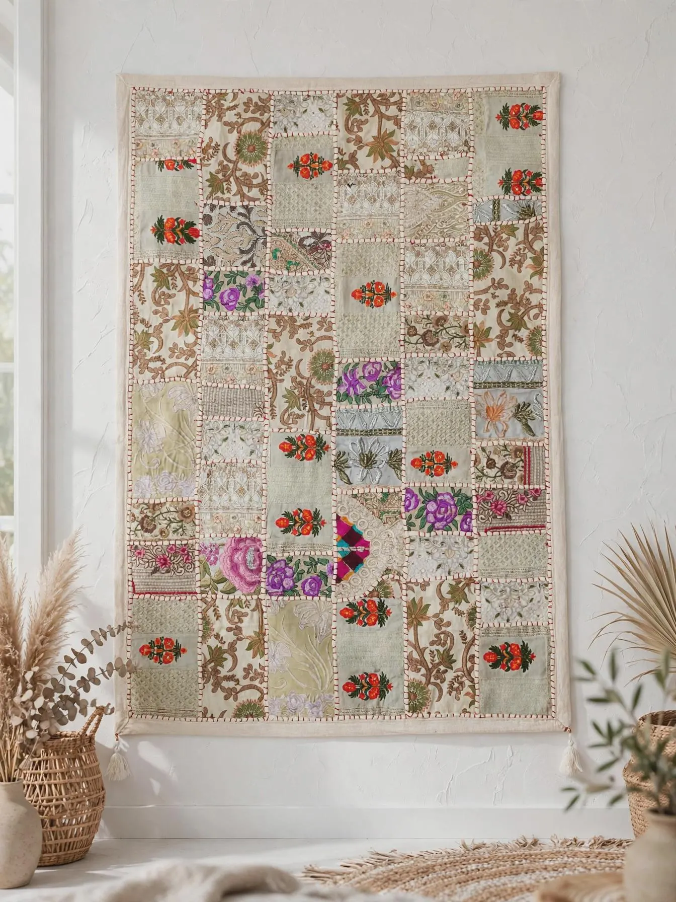 Colorful Indian Patchwork Tapestry, Handmade Wall Decor, Dorm Room Art (90x60 cm)