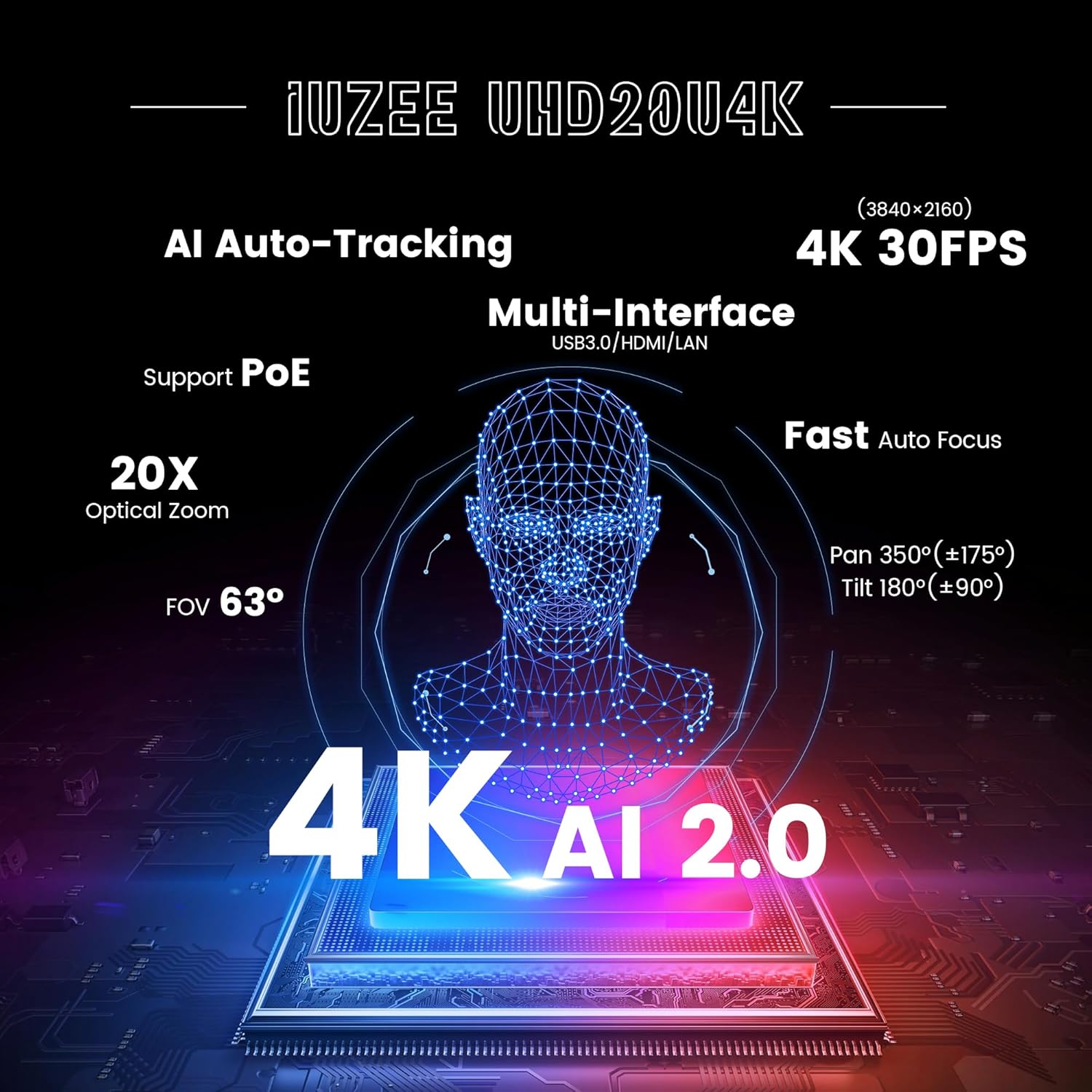 4K UHD PTZ Camera AI-Auto Tracking, 20X Optical Zoom, USB3.0/HDMI/LAN PoE, IP Live Streaming, PTZ Conference Room Camera for Church Services Education Conference Events, Work with YouTube OBS