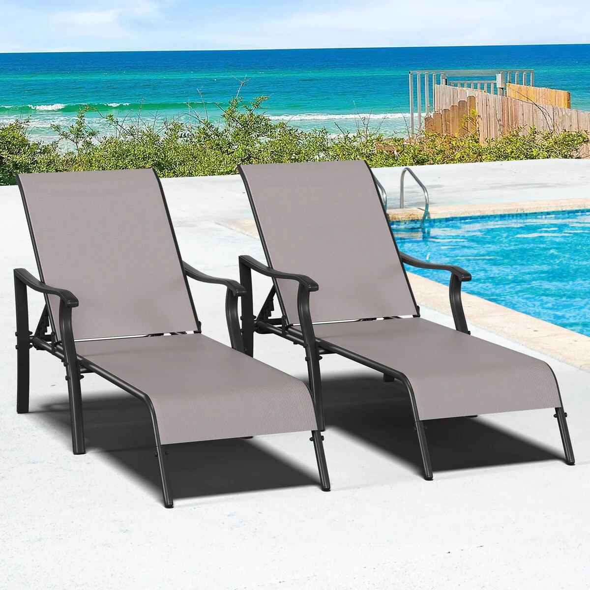 Outdoor Deck Chairs, Aluminum Deck Chairs With 5 Adjustable Positions (Set Of 2) - N/A