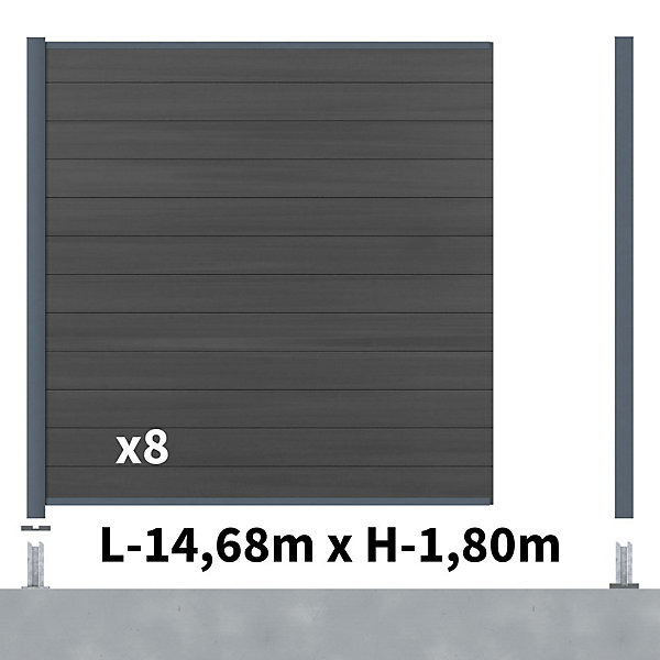 Kit Clôture Composite CRUZ Ardoise 14,5x1,8m - Bois composite &Aluminium - Poteaux sur Platines Gris - Brise vue - Palissade