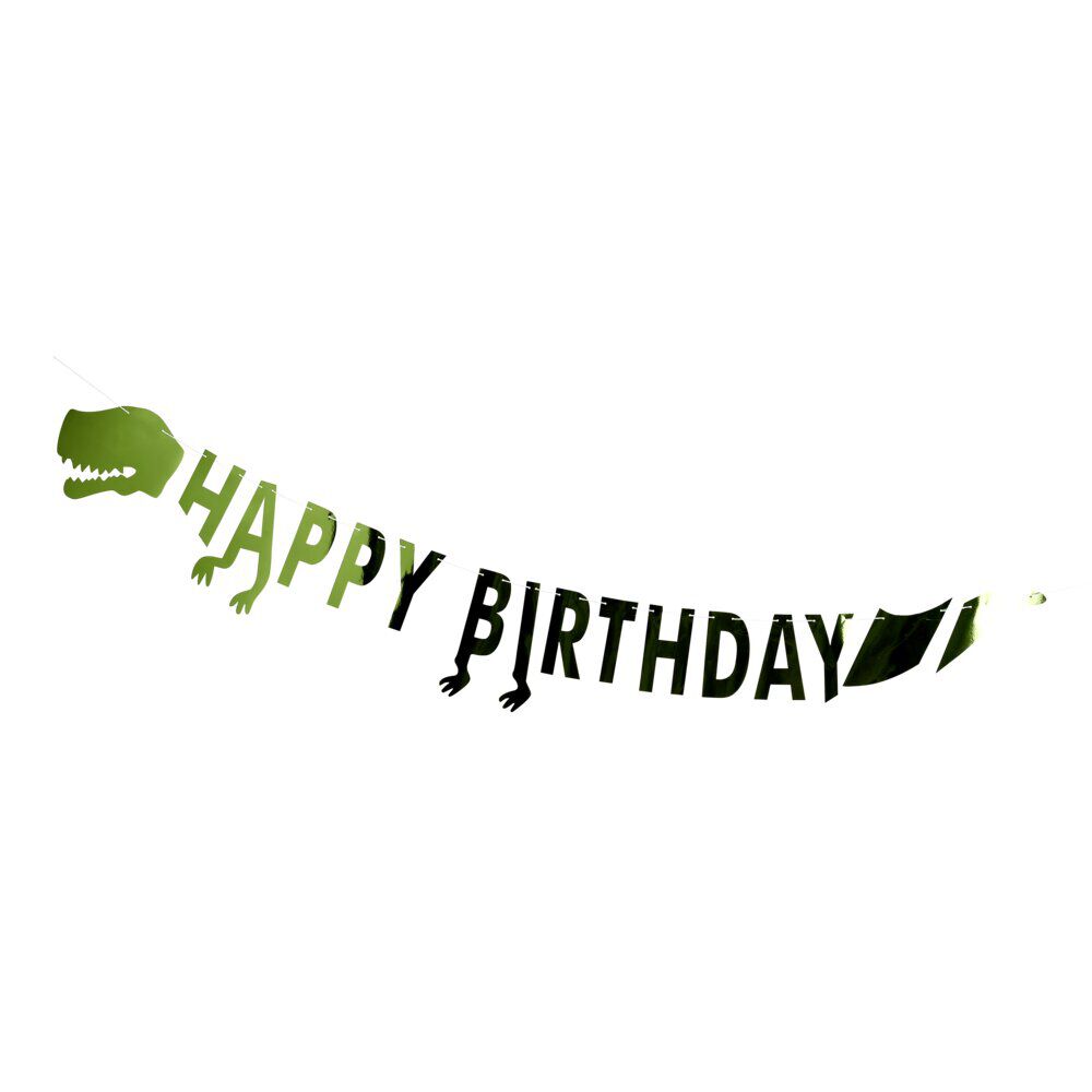 Guirlande anniversaire Happy Birthday dinosaure aluminium vert 2,5m