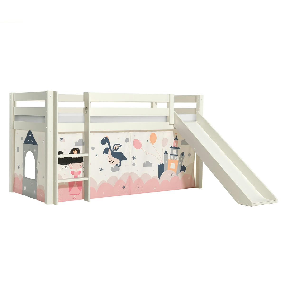 PINO - Lit mi-hauteur 90x200 toboggan sommier inclus housse fairy blanc