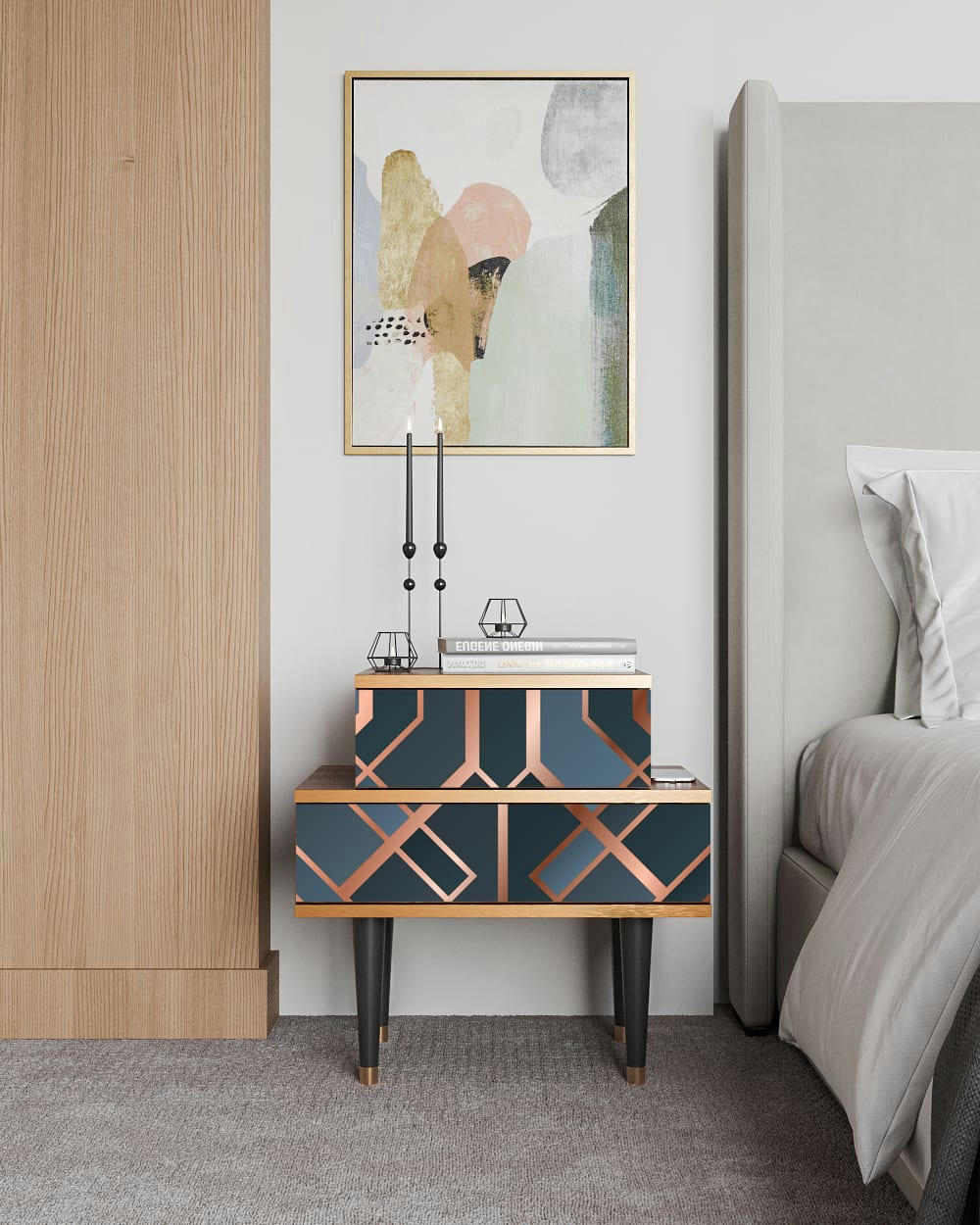 ASHY 1920' - Table de chevet bleu-vert 2 tiroirs L 58 cm