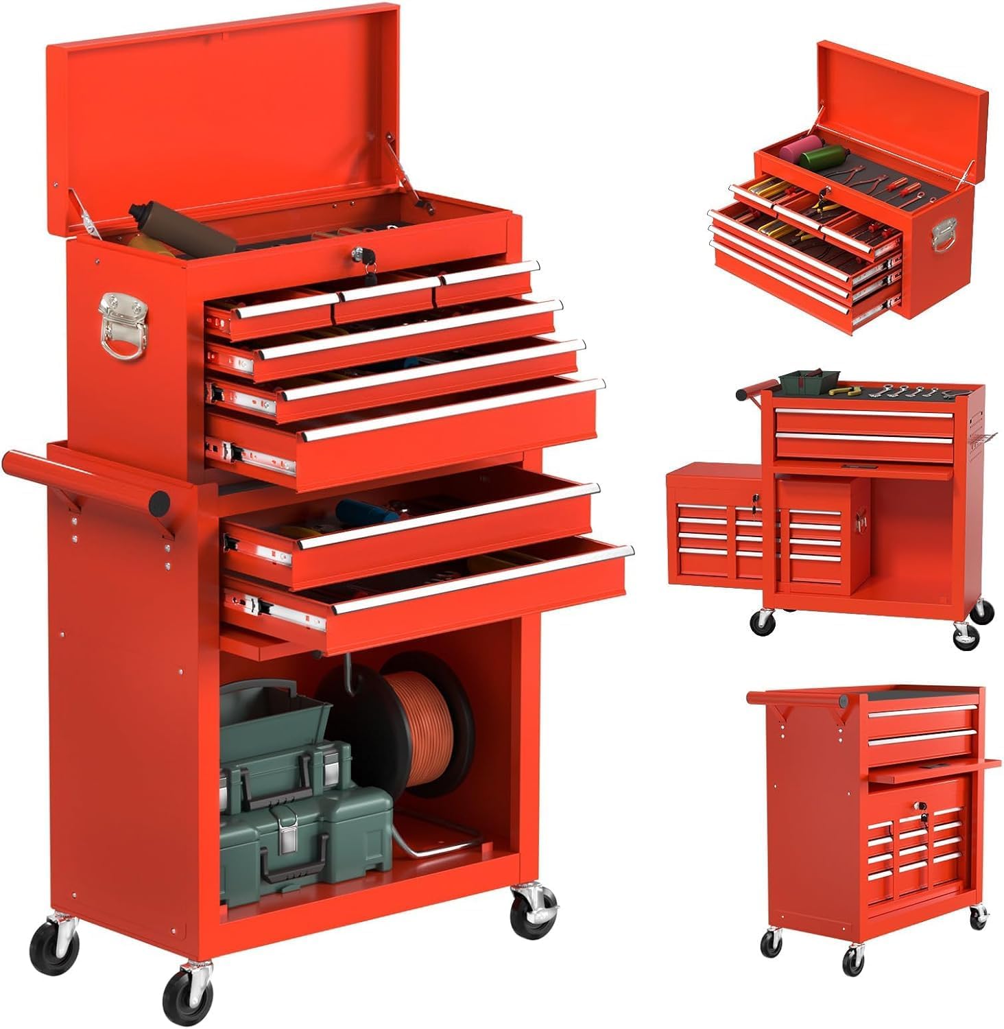 8-Drawer Rolling Tool Chest with Wheels, 2-in-1 Detachable Tool Box with Drawers and Large Cabinet, Rolling Tool Chest Storage Cabinet with Lockable for Warehouse, Garage, Workshop Red