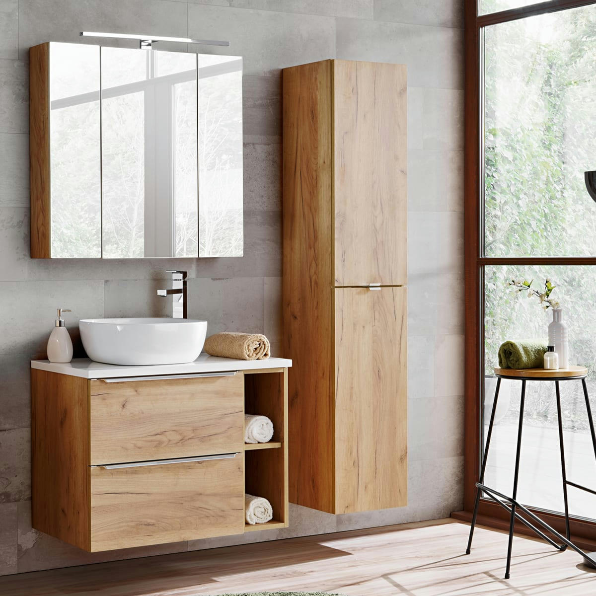 - Ensemble meuble simple vasque 80cm et colonne stratifiés naturel