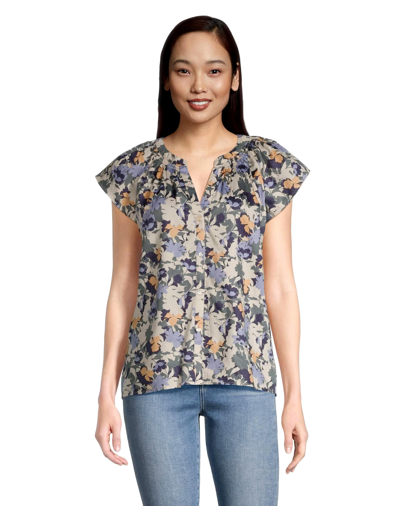 Denver Hayes Women's Button-Up Short Sleeve Semi-Fitted Cotton Blouse