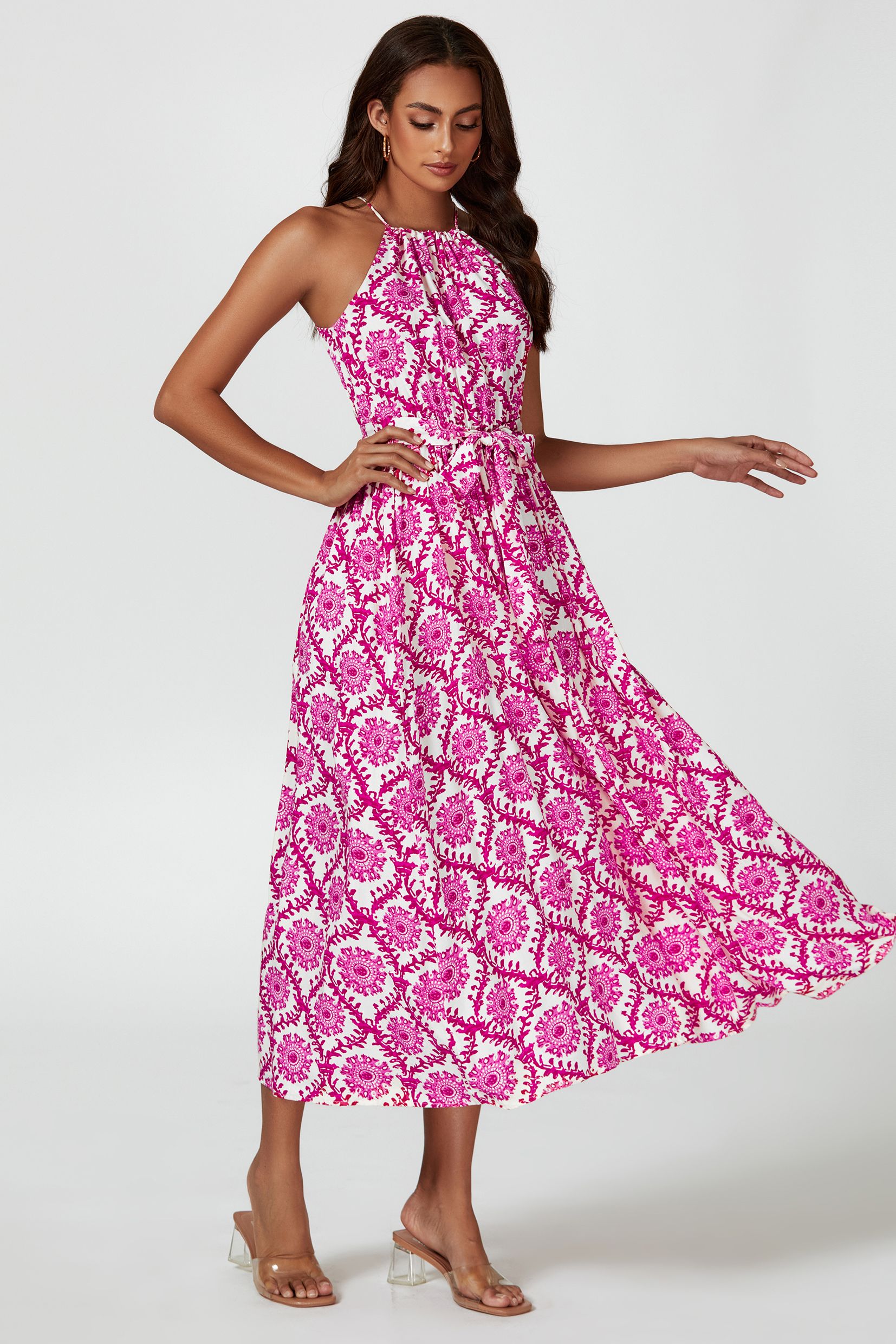 FS Collection Floral Print Tie Halterneck Maxi Dress In Pink