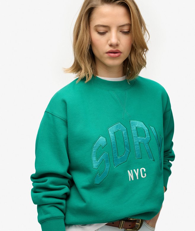 Varsity Satin Applique Crew Sweatshirt