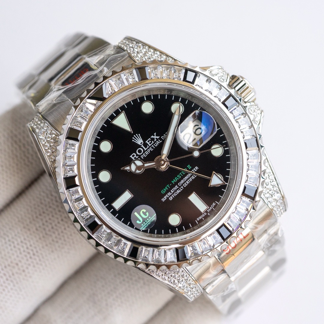 -Rolex GMT-Master II 18K White Gold Gem-Set Bezel and Case Watch -11