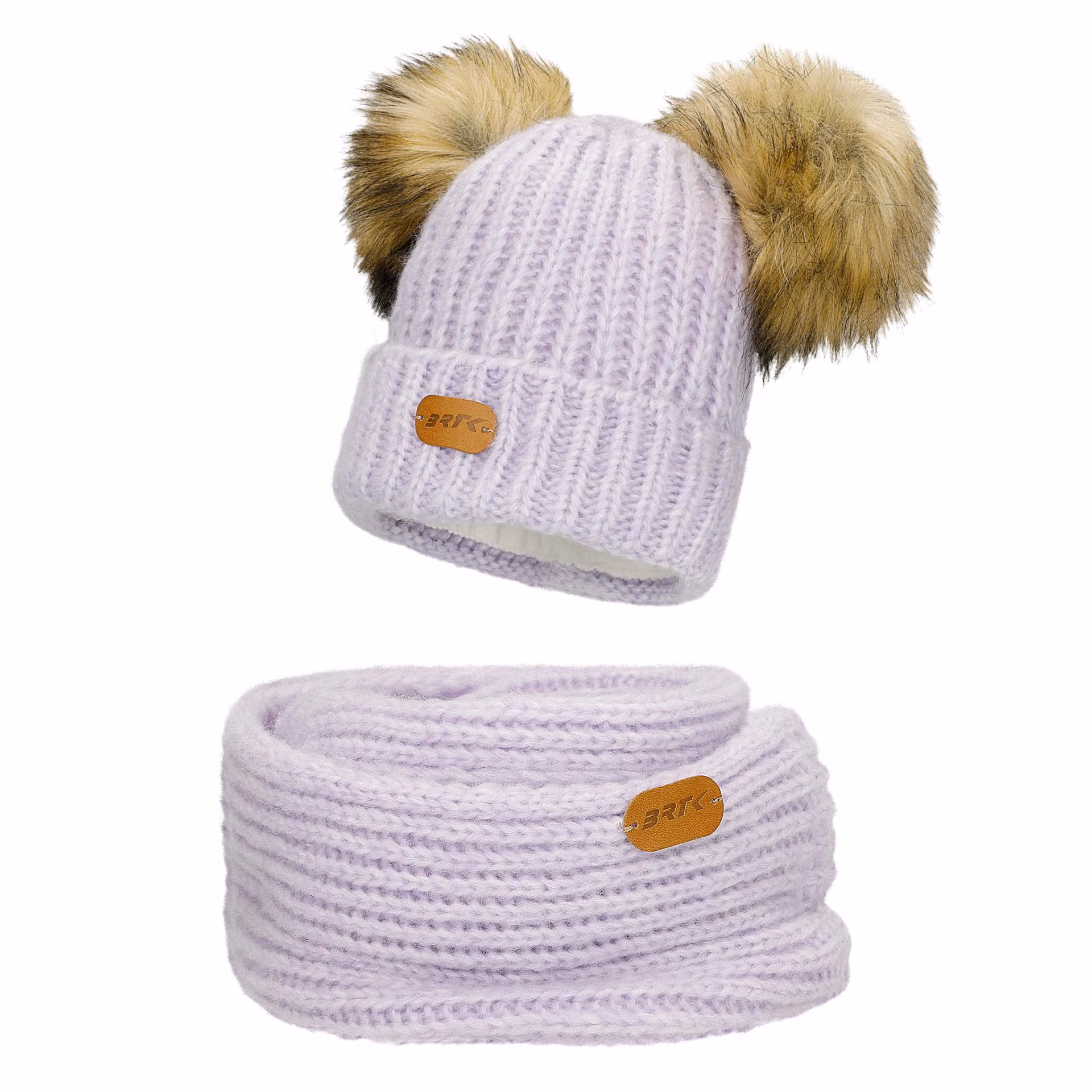 Fioletowy zestaw BARTEK 85603-86z wełną merino - czapka z dwoma pomponami i komin