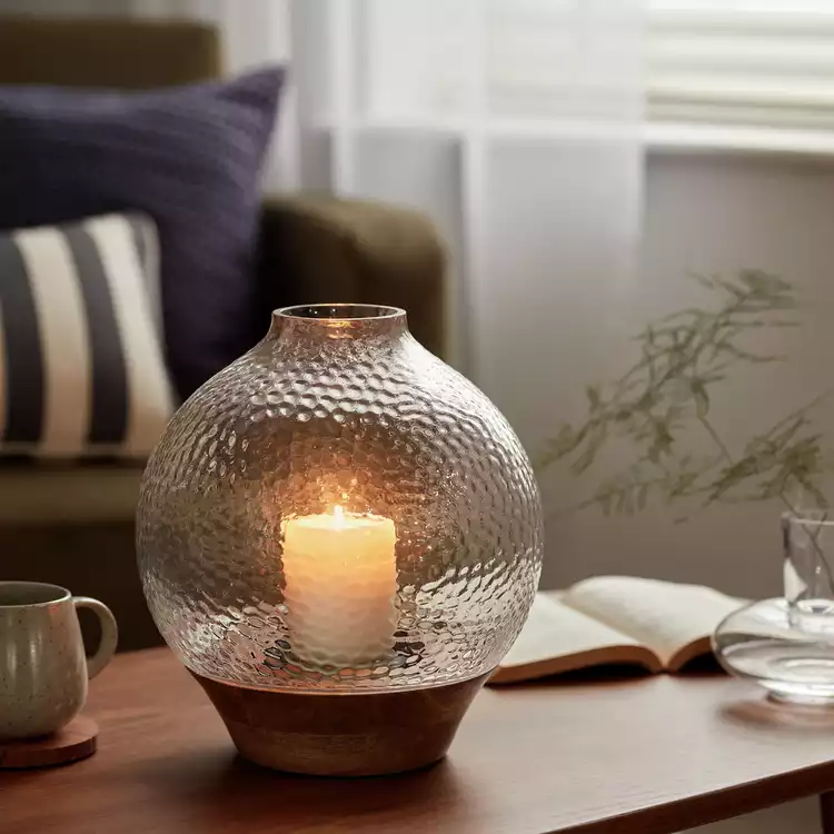 Habitat Hammered Wooden Base Hurricane Candle Holder