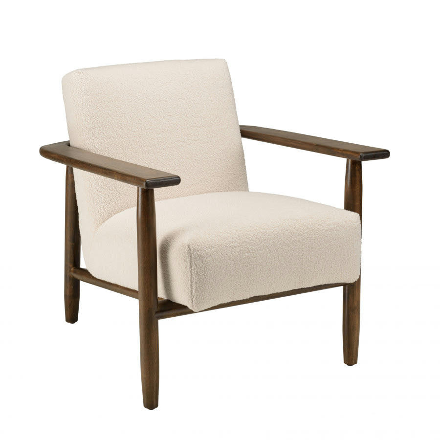 GASTON - Fauteuil tissu bouclette écru structure et accoudoirs en bois