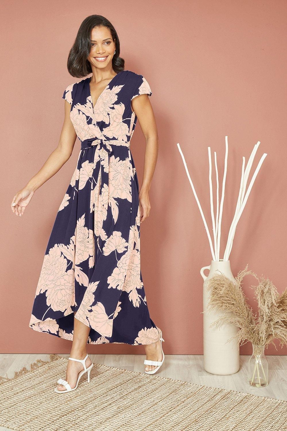 Mela Blue Blossom Print Wrap Midi With Dipped Hem
