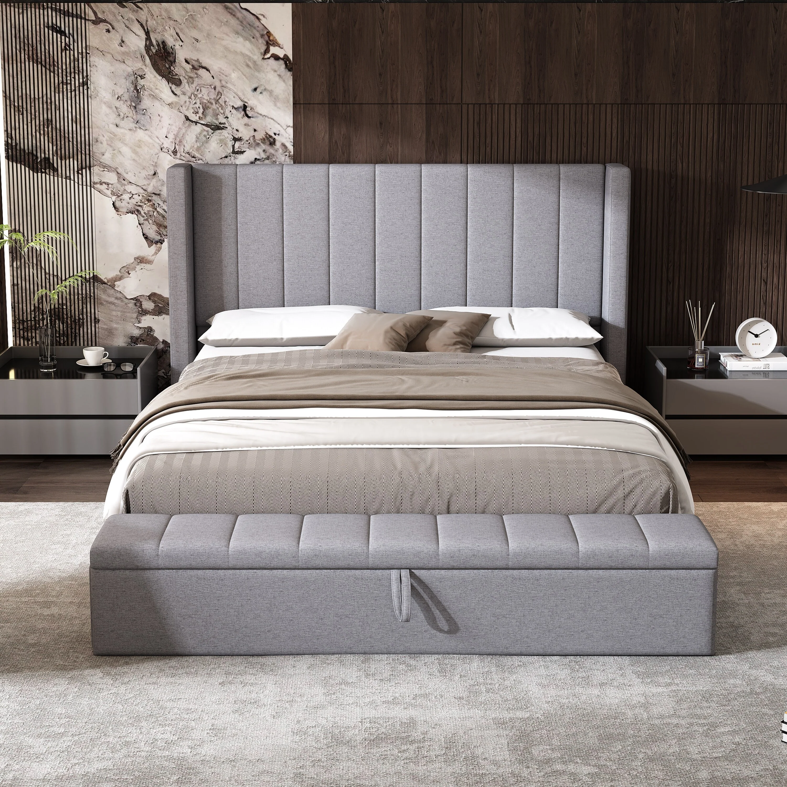 Queen Upholstered Platform Bed with Headboard and Large Storage Compartment