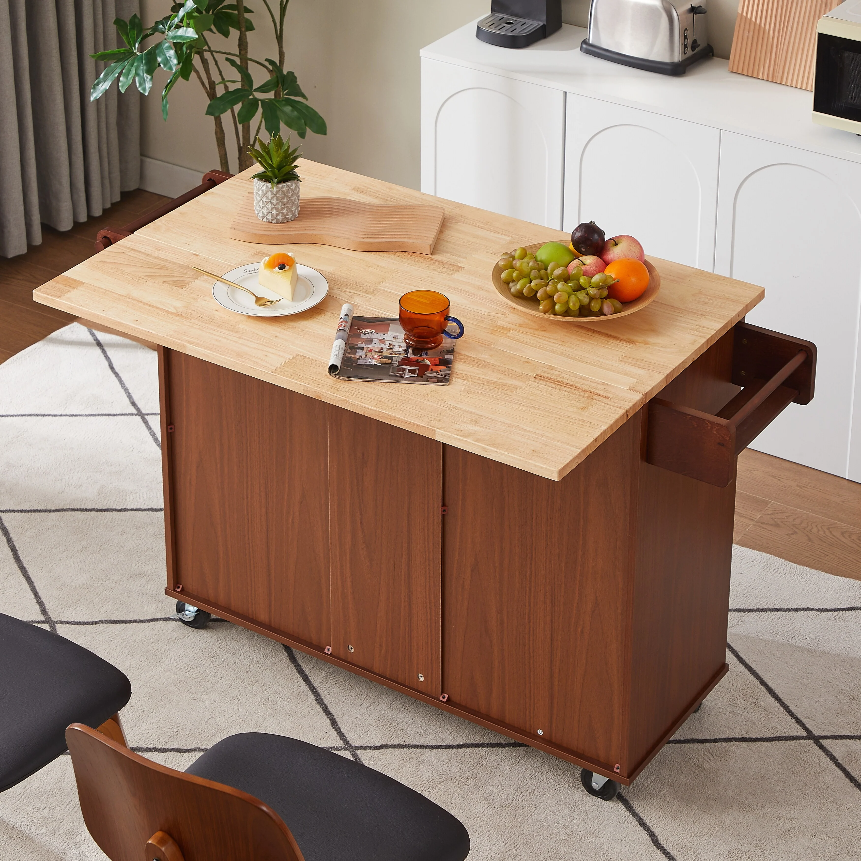 54 Inch Portable Wooden Kitchen Island Cart Large Capacity With 3 Drawers(no include stool)