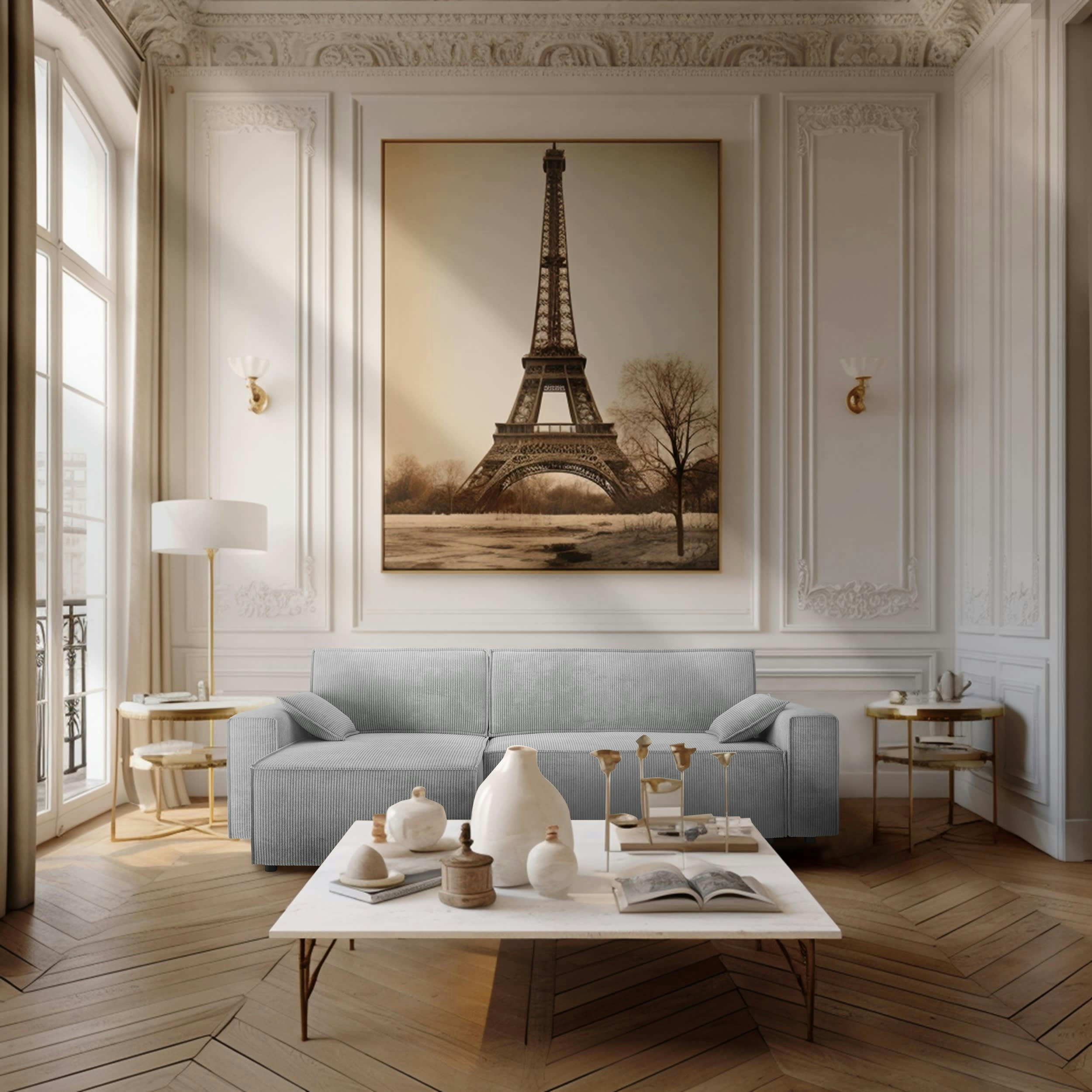 DURIF - Canapé d'angle convertible 4 places en velours côtelé gris clair