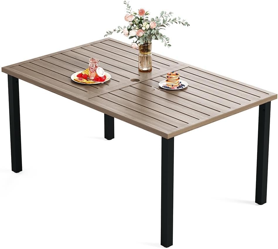 HERA'S HOUSE Outdoor Dining Table for 6, Rectangular Metal Patio Table with Umbrella Hole, 6-Person Weather Resistant Wood-Like Steel Slat Table for Lawn Garden Backyard, L60 xW36 xH29
