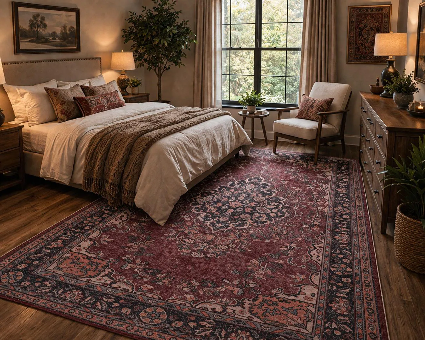 Vintage Distressed Turkish Rug, Burgundy Medallion Area Carpet, Boho Living Room Home