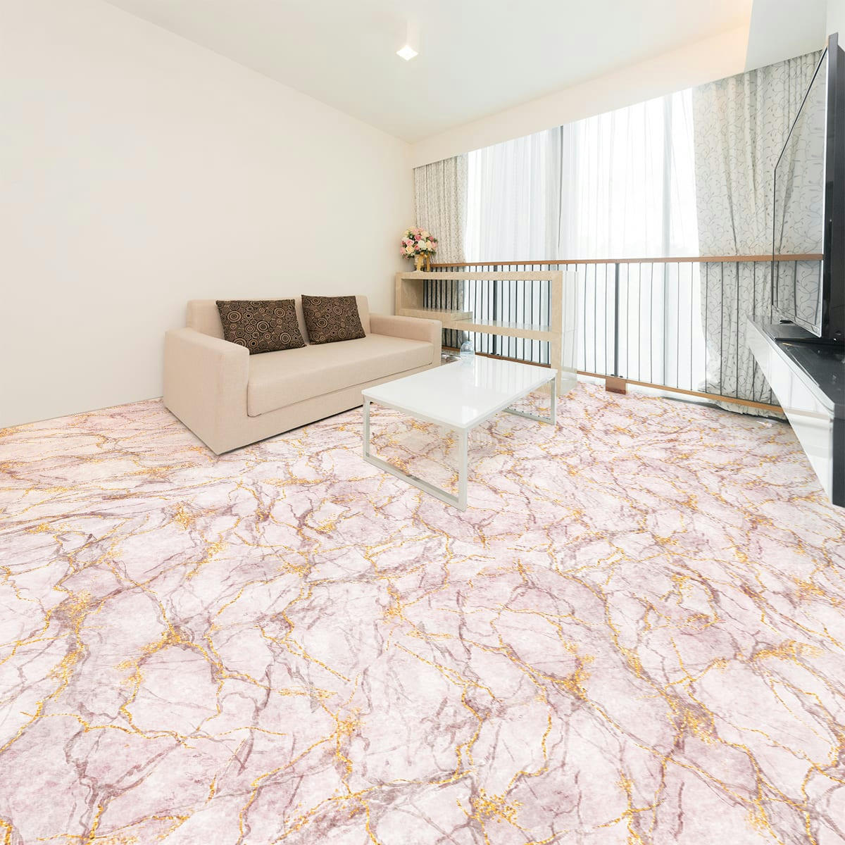 - Adhésifs stickers sol marbre rose éclat doré 50x50cm