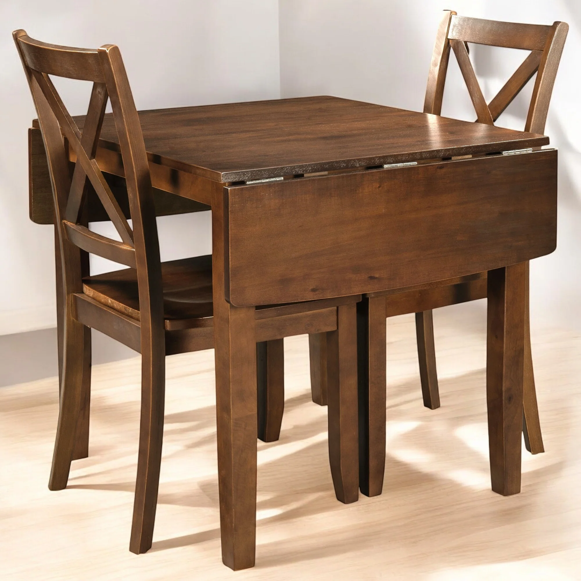 3-Piece Solid Wood Drop Leaf Dining Table Set with 2 X-back Chairs, Space-Saving Design for Small Dining Rooms and Apartments