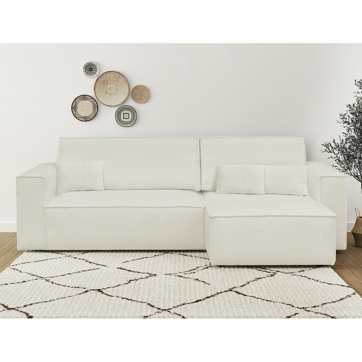 LIVIA - Canapé d'angle convertible 4 places en tissu bouclé écru