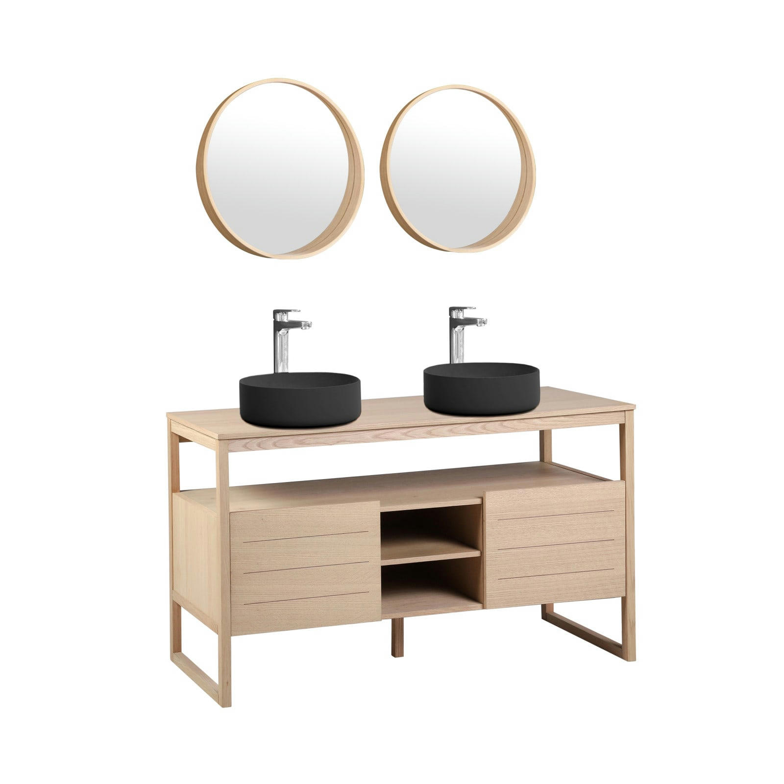 ATOLL - Meuble sous vasque plaqué chêne naturel  140cm + vasque noire + miroir