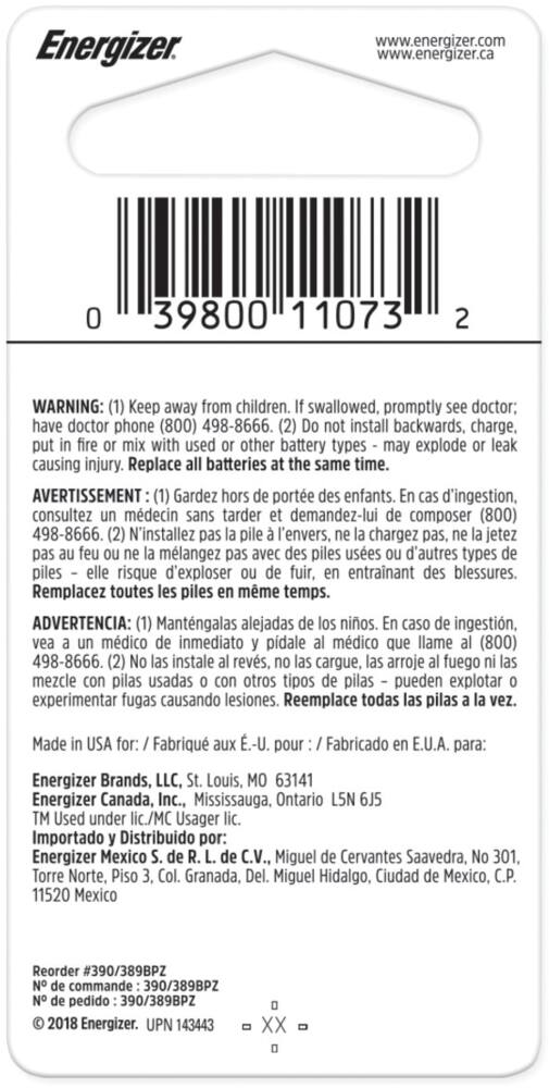 Energizer Silver Oxide 1-pk 390/389 LR1130 AG10 1.5V / 1.5 Volt Button Cell Battery