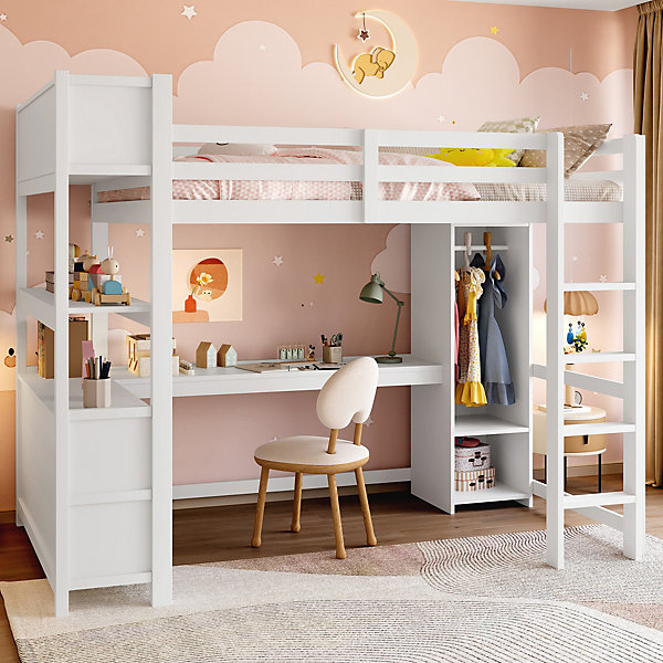 Lit Mezzanine 140x200 Ado avec Bureau et étagères - Lit Multifonction Rangement pour Chambre Jeune - Bois MDF et Pin - Blanc