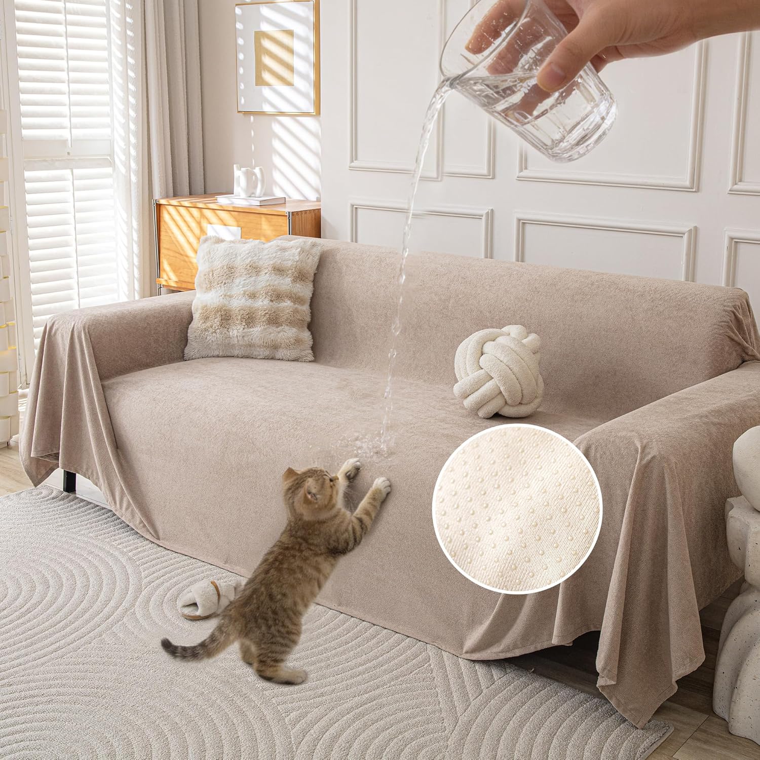 Waterproof Couch Covers for 4 Cushion, Non Slip Cat-Scratch Resistant Sofa Couch Covers for Dogs, L Shape Sectional Protectors Slipcovers, Large Furniture Covers for Pets, 91 x 150, Khaki