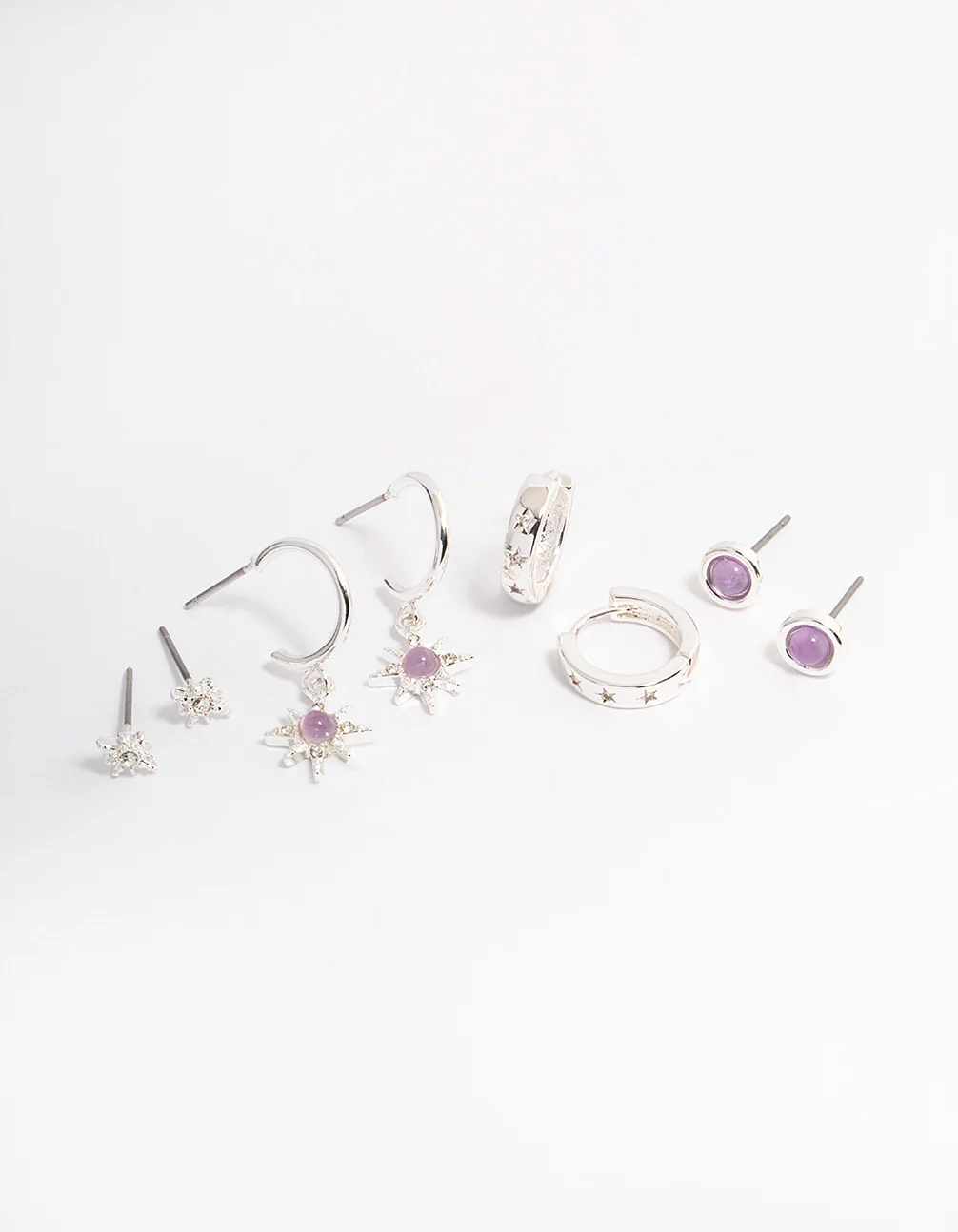 Silver Amethyst Starburst Stacker Earrings