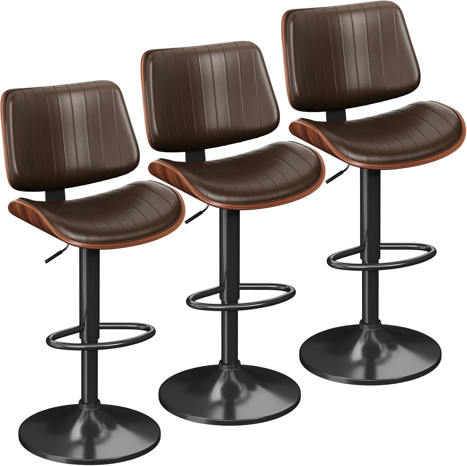Swivel Bar Stools Set of 3, Bar Stools for Kitchen Island with Bentwood Back and Leather Seat, Counter Height Barstools for Kitchen Counter, Bar, Brown