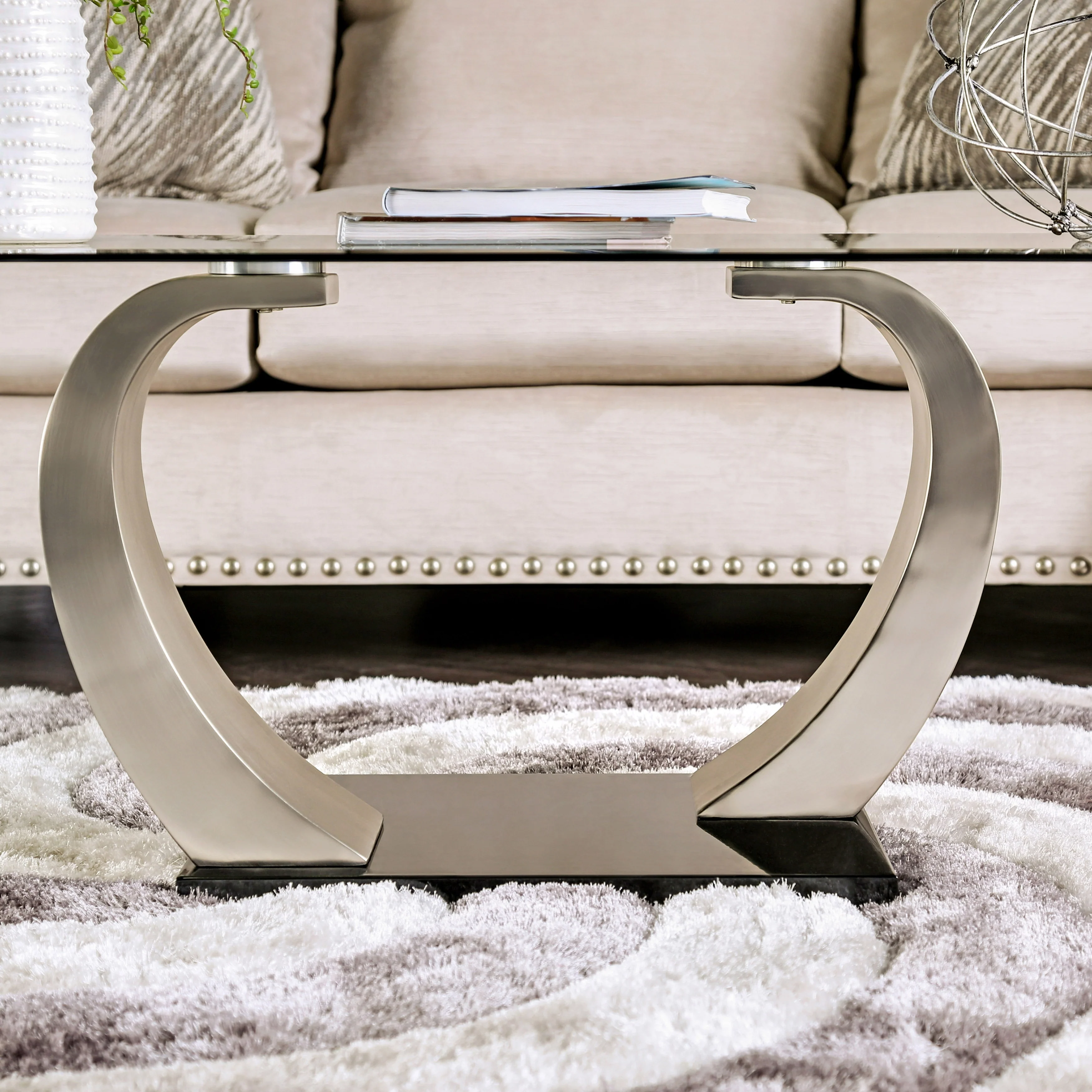 DH LUX Satin Plated & Black Pedestal Glass Top Coffee Table by Denhour