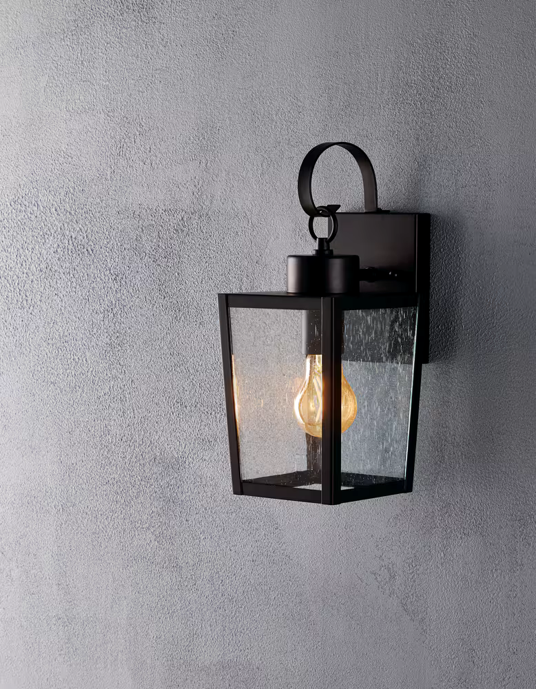 NOMA 1-Light Clear Seeded Glass Shade Outdoor Down Wall Light, Matte Black