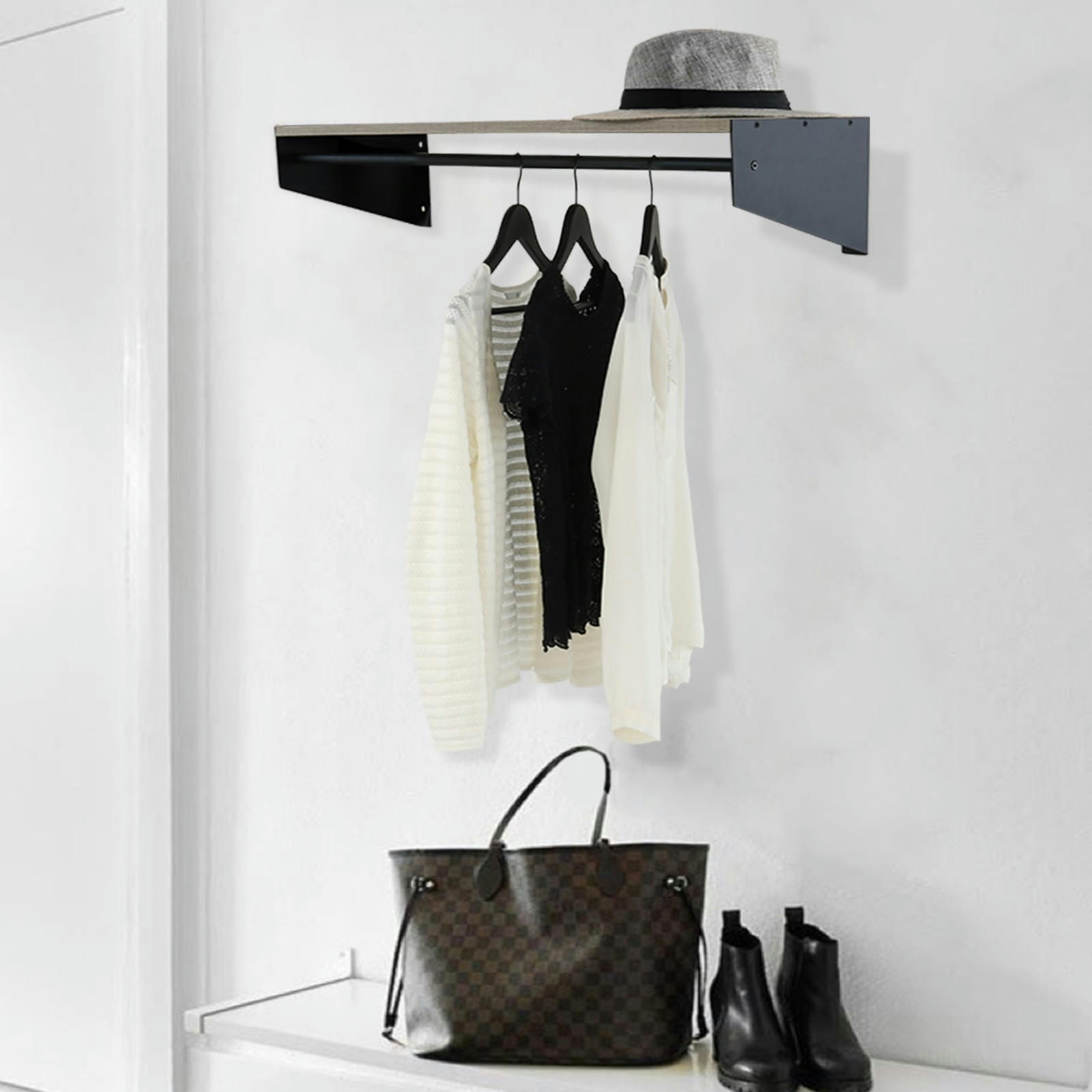 STEFF - Penderie étagère murale bois et métal L90 cm