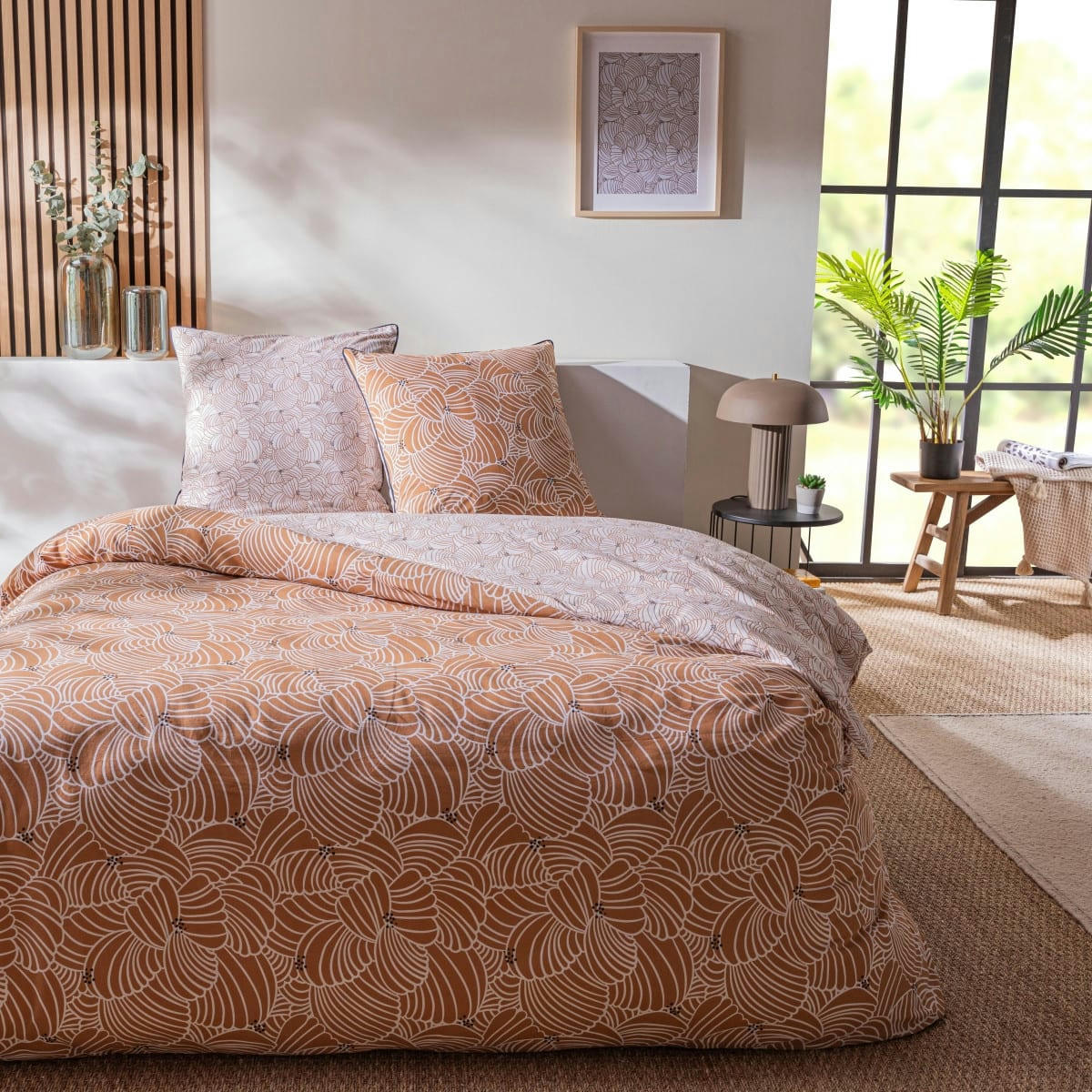 MIMOSA - Parure de lit 2 personnes coton  imprimé camel 240x220cm