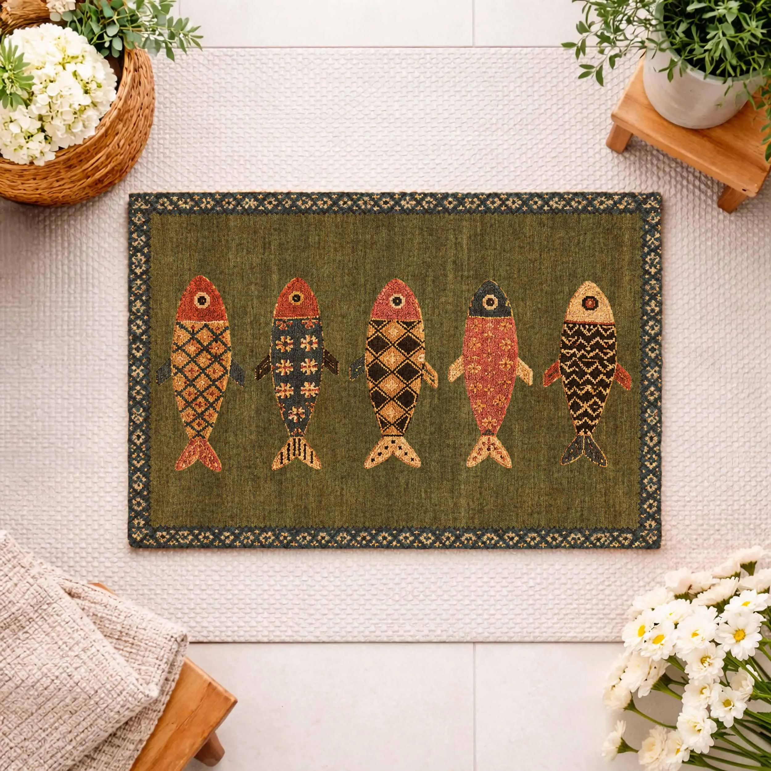 Folk Art Fish Doormat, Sardine Coastal Entryway Decor, Mediterranean Porch Rug