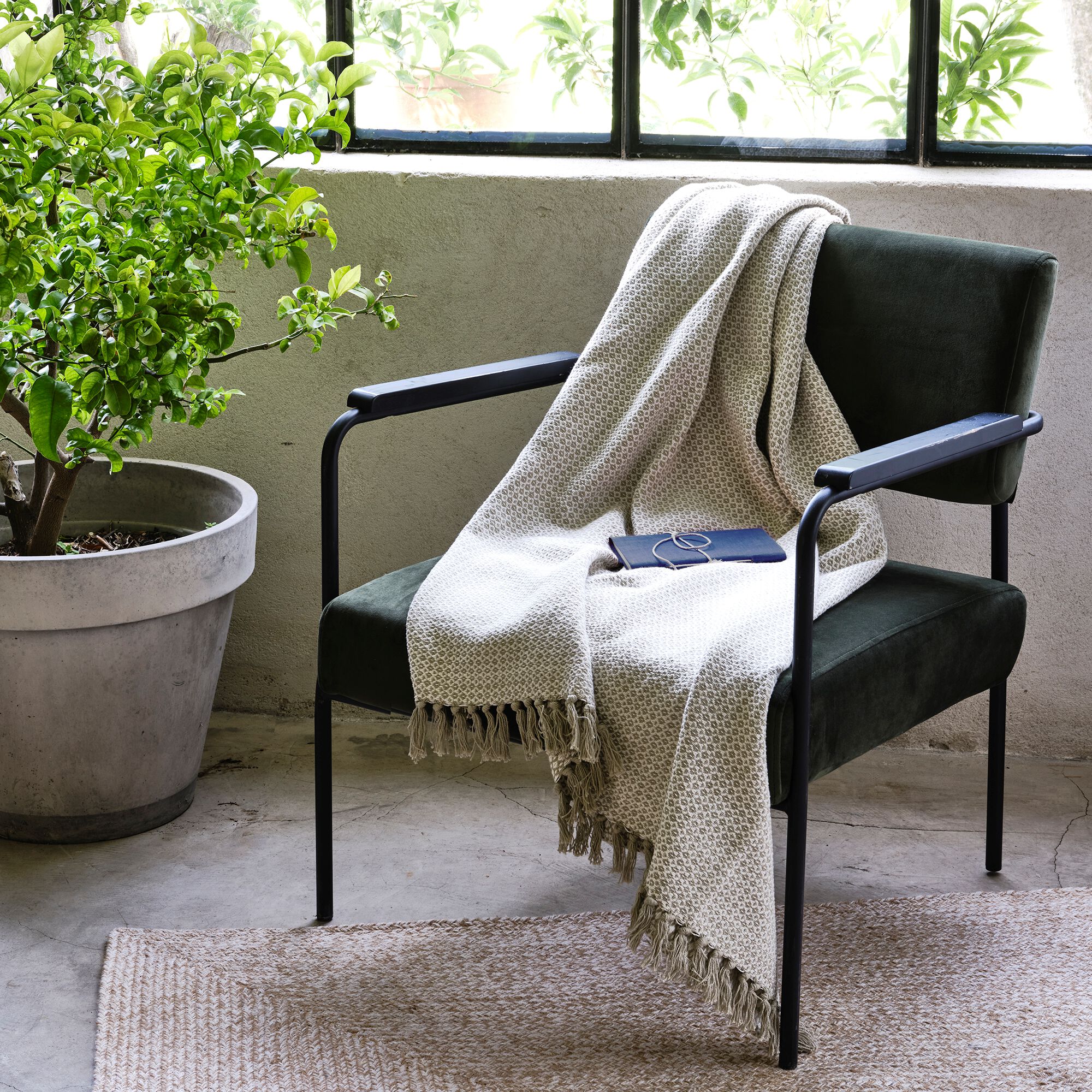 PARA - Plaid à franges et motifs en coton - beige 130x170cm