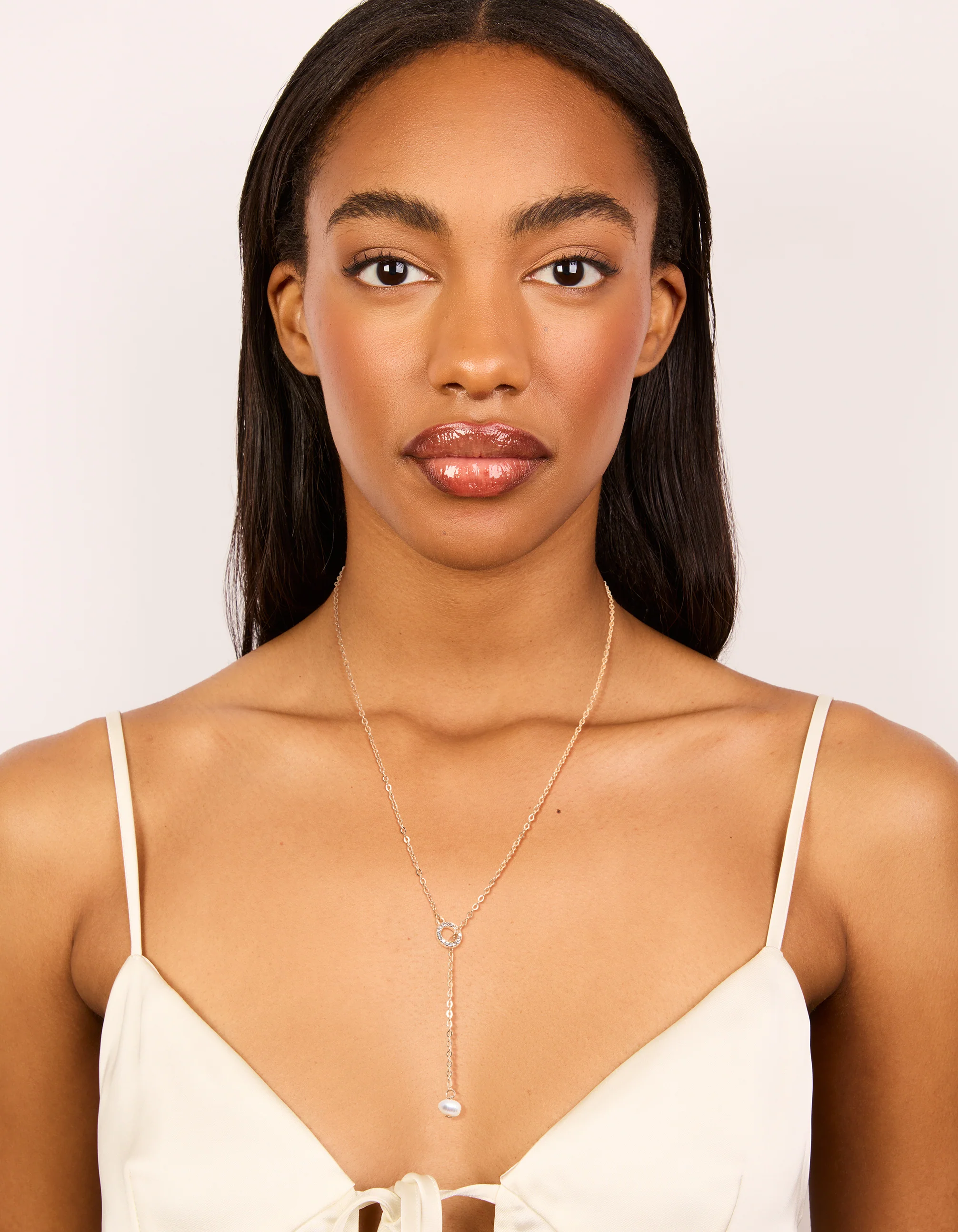 Gold Diamante Pearl Chain Y-Necklace