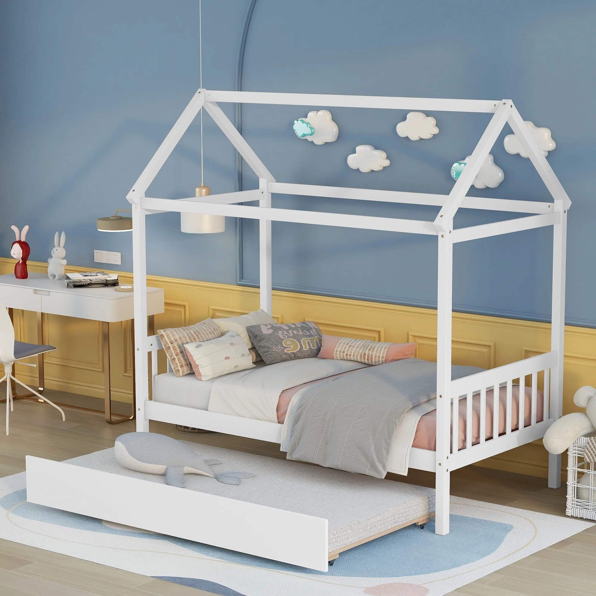 White Twin Solid Wood House Bed with Trundle & Roof