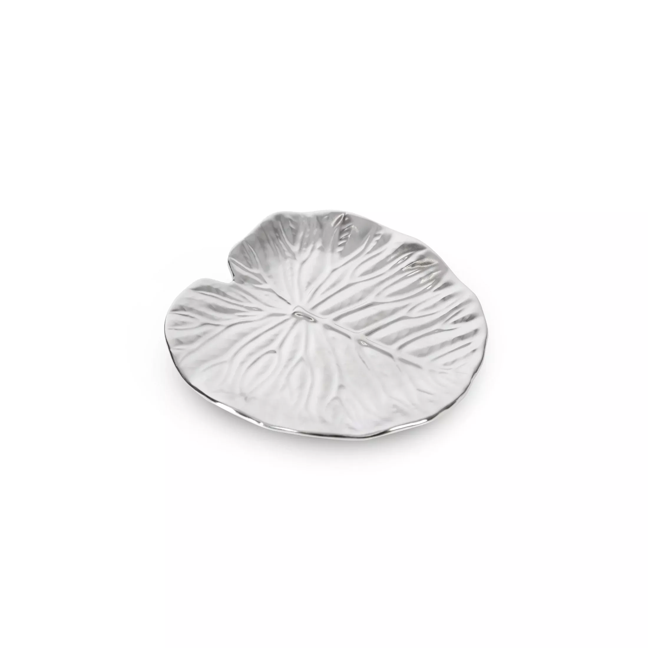 Patera ceramiczna dekoracyjna srebrnaw formie liścia z wytłoczeniami średnica 16x2 cm KALINA