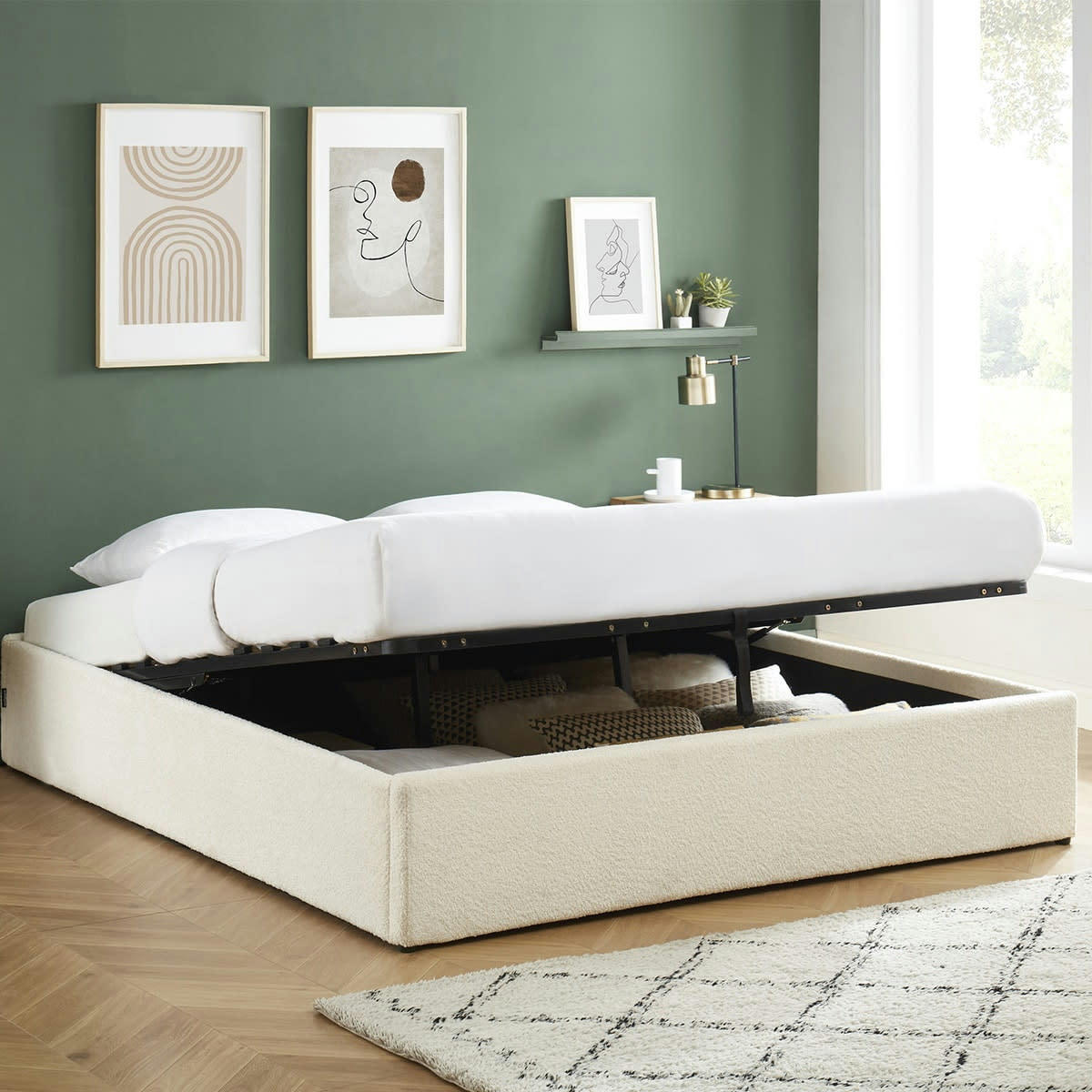 HANDY - Lit coffre 180x200cm en tissu bouclé écru + sommier à lattes