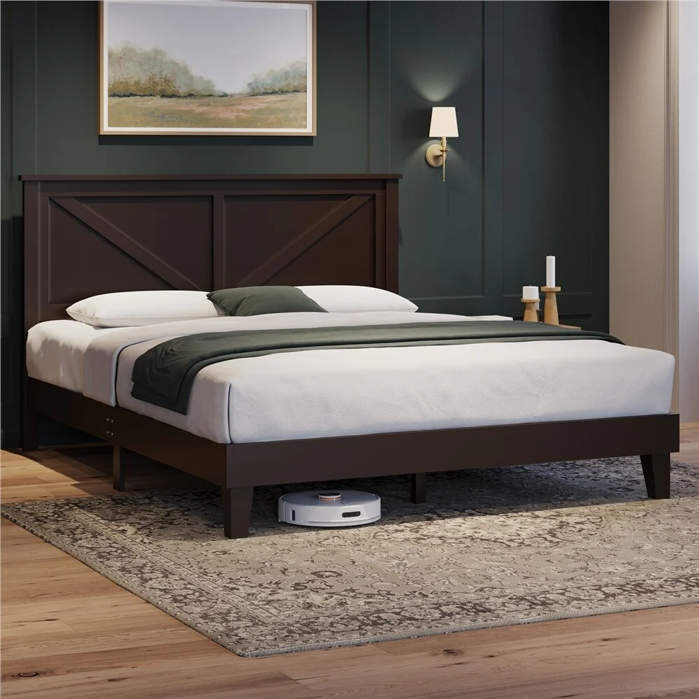 Yaheetech Farmhouse Wooden Bed Frame with Headboard No Box Spring Needed